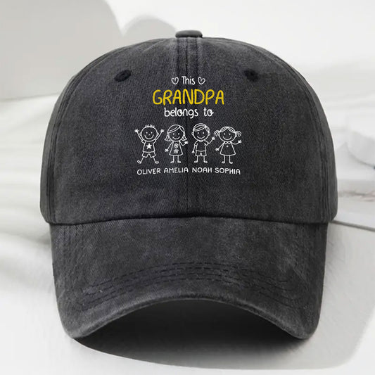 This Grandpa Belongs To Us - Personalized Custom Vintage Washed Denim Cap