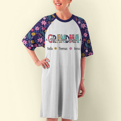 Floral Grandma And Kids - Personalized Custom 3/4 Sleeve Dress - Blithe Hub