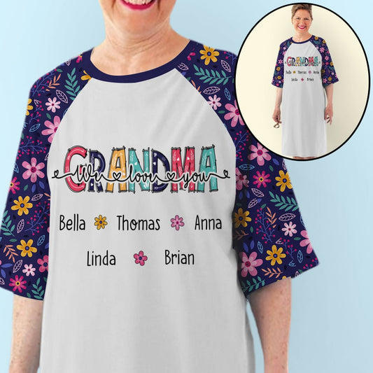 Floral Grandma And Kids - Personalized Custom 3/4 Sleeve Dress - Blithe Hub
